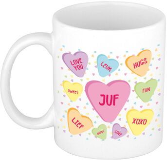 Bellatio Decorations Cadeau koffiemok voor juf/lerares - hartjes snoepjes - wit - verjaardag - feest mokken