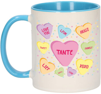 Bellatio Decorations Cadeau koffiemok voor tante - hartjes snoepjes - blauw - verjaardag kado - mok met tekst