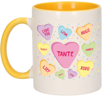 Bellatio Decorations Cadeau koffiemok voor tante - hartjes snoepjes - geel - verjaardag kado - mok met tekst