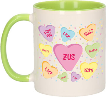 Bellatio Decorations Cadeau koffiemok voor zus/zusje - hartjes snoepjes - groen - verjaardag kado - mok met tekst