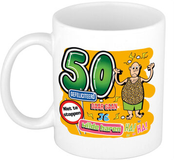 Bellatio Decorations cadeau mok 50 jaar - daar gaan je wilde haren - keramiek - 300 ml - feest mokken Groen