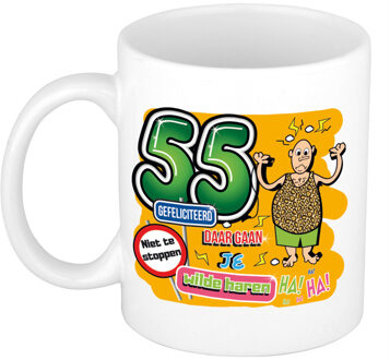 Bellatio Decorations cadeau mok 55 jaar - daar gaan je wilde haren - keramiek - 300 ml - feest mokken Wit