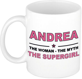 Bellatio Decorations Cadeau mok - Andrea - The woman - supergirl - wit / roze - 300 ml - koffie beker - theemok