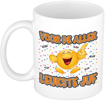 Bellatio Decorations Cadeau mok/beker - Voor de aller leukste juf - wit - 300 ml - feest mokken Oranje