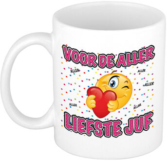 Bellatio Decorations Cadeau mok/beker - Voor de aller liefste juf - wit - 300 ml - feest mokken Roze