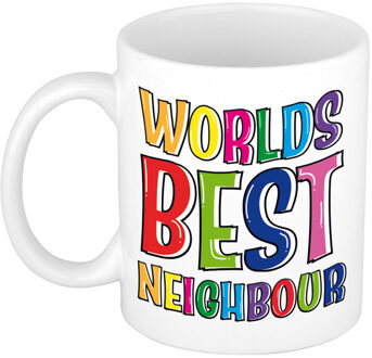 Bellatio Decorations Cadeau mok / beker - Worlds Best Neighbour - regenboog - 300 ml - voor buurman/vrouw - feest mokken Wit