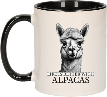 Bellatio Decorations Cadeau mok voor boerderij dieren fans - alpaca - zwart - keramiek - 300 ml