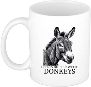 Bellatio Decorations Cadeau mok voor boerderij dieren fans - ezel - wit - keramiek - 300 ml