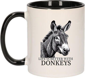 Bellatio Decorations Cadeau mok voor boerderij dieren fans - ezel - zwart - keramiek - 300 ml