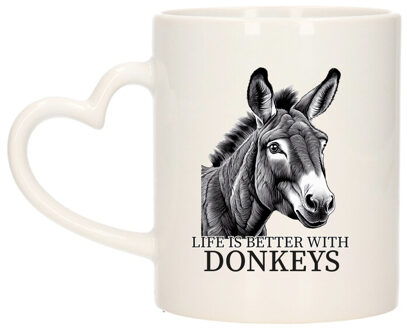 Bellatio Decorations Cadeau mok voor boerderij dieren fans - ezeltje - hartjes oor - keramiek - 300 ml