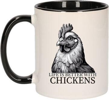 Bellatio Decorations Cadeau mok voor boerderij dieren fans - kippen - zwart - keramiek - 300 ml