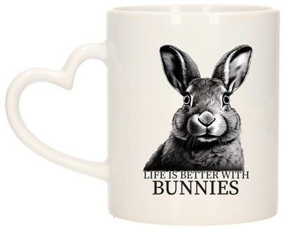 Bellatio Decorations Cadeau mok voor boerderij dieren fans - konijnen - hartjes oor - keramiek - 300 ml