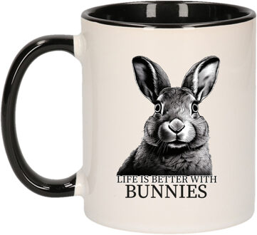 Bellatio Decorations Cadeau mok voor boerderij dieren fans - konijnen - zwart - keramiek - 300 ml