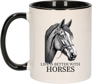 Bellatio Decorations Cadeau mok voor boerderij dieren fans - paarden - zwart - keramiek - 300 ml