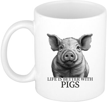 Bellatio Decorations Cadeau mok voor boerderij dieren fans - varkens - wit - keramiek - 300 ml