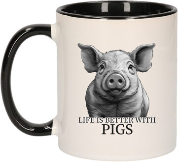 Bellatio Decorations Cadeau mok voor boerderij dieren fans - varkens - zwart - keramiek - 300 ml