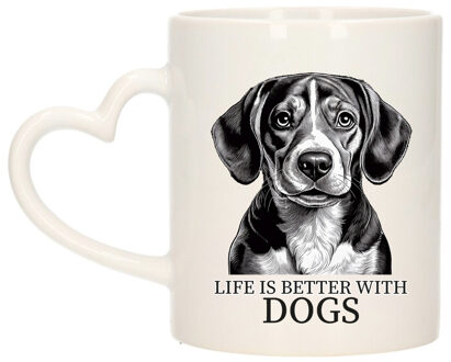 Bellatio Decorations Cadeau mok voor honden liefhebbers - Beagle - wit - hartjes oor - keramiek - 300 ml