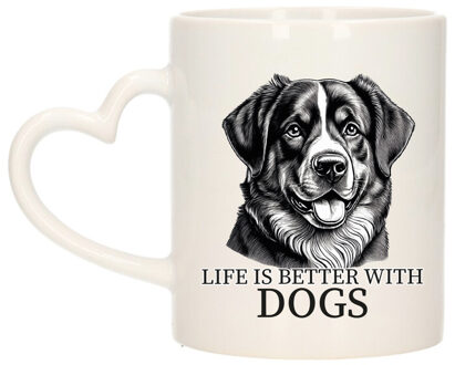 Bellatio Decorations Cadeau mok voor honden liefhebbers - Berner Sennenhond - wit met hartjes oor - keramiek - 300 ml