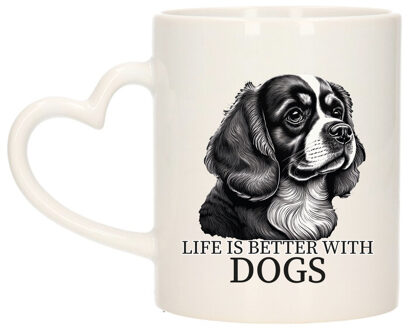 Bellatio Decorations Cadeau mok voor honden liefhebbers - Cavalier Spaniel - wit met hartjes oor - keramiek - 300 ml