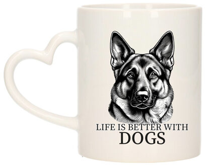 Bellatio Decorations Cadeau mok voor honden liefhebbers - Duitse Herdershond - wit met hartjes oor - keramiek - 300 ml