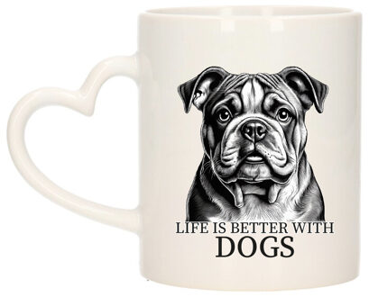 Bellatio Decorations Cadeau mok voor honden liefhebbers - Engelse Bulldog - wit met hartjes oor - keramiek - 300 ml