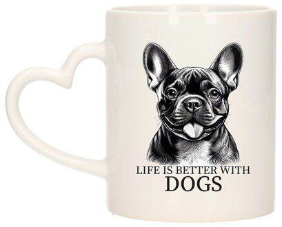 Bellatio Decorations Cadeau mok voor honden liefhebbers - Franse Bulldog - wit met hartjes oor - keramiek - 300 ml