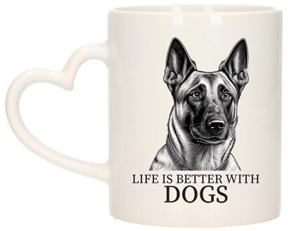 Bellatio Decorations Cadeau mok voor honden liefhebbers - Mechelse Herder - wit - hartjes oor - keramiek - 300 ml