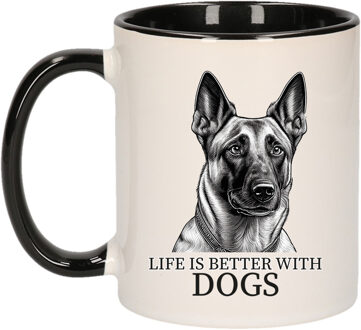 Bellatio Decorations Cadeau mok voor honden liefhebbers - Mechelse Herder - zwart oor - pentekening - keramiek - 300 ml