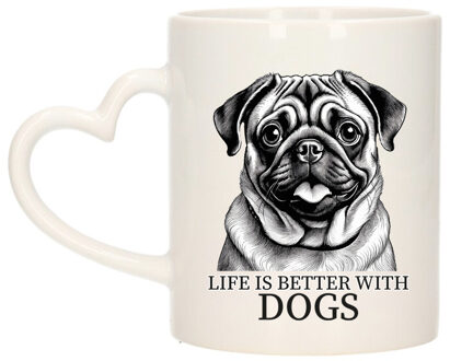 Bellatio Decorations Cadeau mok voor honden liefhebbers - Mopshondje - wit - hartjes oor - keramiek - 300 ml