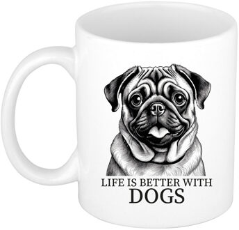 Bellatio Decorations Cadeau mok voor honden liefhebbers - Mopshondje - wit - pentekening - keramiek - 300 ml