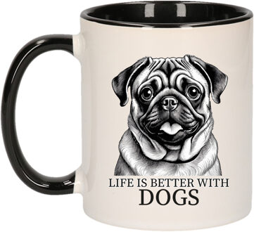 Bellatio Decorations Cadeau mok voor honden liefhebbers - Mopshondje - zwart oor - pentekening - keramiek - 300 ml