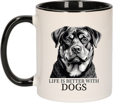 Bellatio Decorations Cadeau mok voor honden liefhebbers - Rottweiler - zwart oor - pentekening - keramiek - 300 ml