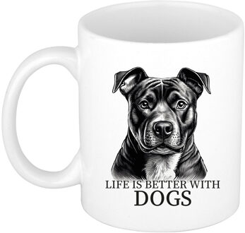 Bellatio Decorations Cadeau mok voor honden liefhebbers - Staffordshire Bull Terrier - wit - keramiek - 300 ml