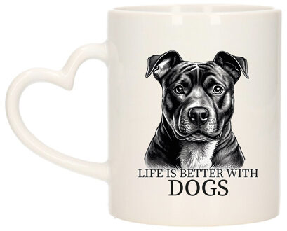 Bellatio Decorations Cadeau mok voor honden liefhebbers - Staffordshire - wit met hartjes oor - keramiek - 300 ml