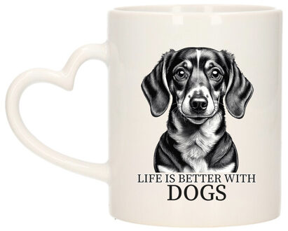 Bellatio Decorations Cadeau mok voor honden liefhebbers - Tekkel - wit - hartjes oor - keramiek - 300 ml