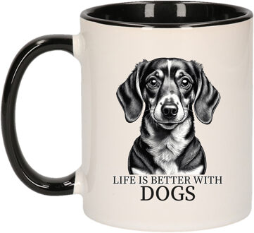 Bellatio Decorations Cadeau mok voor honden liefhebbers - Tekkel - zwart oor - pentekening - keramiek - 300 ml