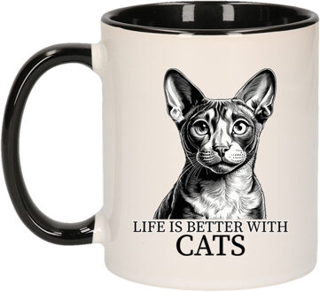 Bellatio Decorations Cadeau mok voor katten liefhebbers - Cornish Rex - zwart - keramiek - 300 ml