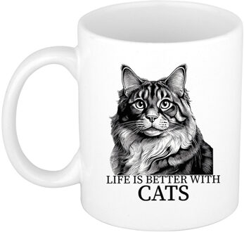 Bellatio Decorations Cadeau mok voor katten liefhebbers - Noorse Boskat - wit - keramiek - 300 ml