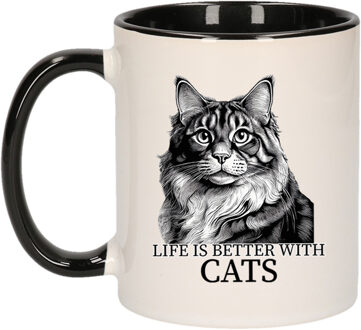 Bellatio Decorations Cadeau mok voor katten liefhebbers - Noorse Boskat - zwart - keramiek - 300 ml