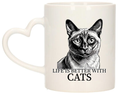 Bellatio Decorations Cadeau mok voor katten liefhebbers - Siamees - hartjes oor - keramiek - 300 ml