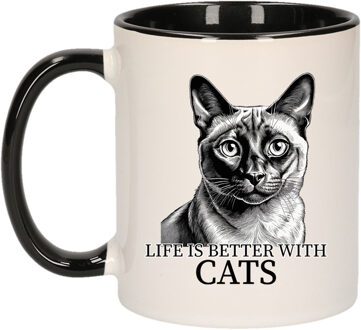 Bellatio Decorations Cadeau mok voor katten liefhebbers - Siamees - zwart - keramiek - 300 ml