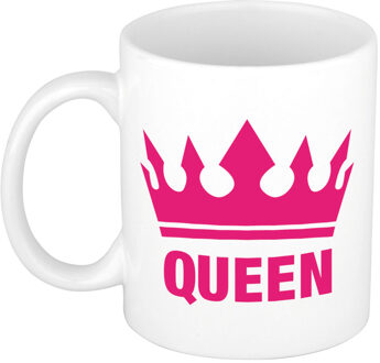 Bellatio Decorations Cadeau Queen mok/ beker wit met fuchsia roze bedrukking 300 ml - feest mokken