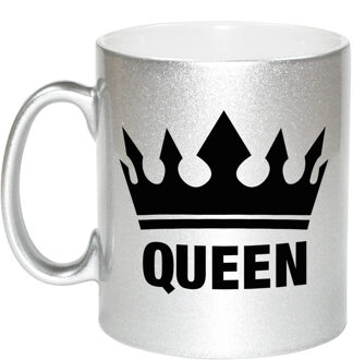 Bellatio Decorations Cadeau Queen mok/ beker zilver met zwarte bedrukking 300 ml - feest mokken Zilverkleurig