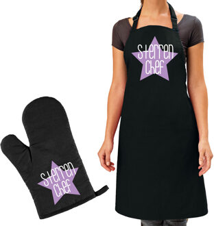 Bellatio Decorations Cadeau schort en ovenwant voor dames - sterren chef - paars - verjaardag - keukenprinses