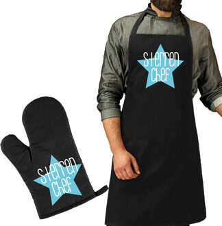 Bellatio Decorations Cadeau schort en ovenwant voor heren - sterren chef - blauw - verjaardag - keukenprins