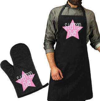 Bellatio Decorations Cadeau schort en ovenwant voor heren - sterren chef - roze - verjaardag - keukenprins