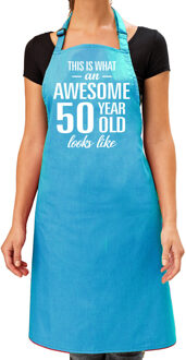 Bellatio Decorations Cadeau schort voor dames - awesome 50 year - blauw - keukenschort - verjaardag - 50 jaar