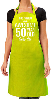 Bellatio Decorations Cadeau schort voor dames - awesome 50 year - lime groen - verjaardag - 50 jaar