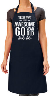 Bellatio Decorations Cadeau schort voor dames - awesome 60 year - navy blauw - keukenschort - verjaardag - 60 jaar