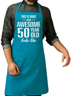 Bellatio Decorations Cadeau schort voor heren - awesome 50 year - blauw - keukenschort - verjaardag - 50 jaar